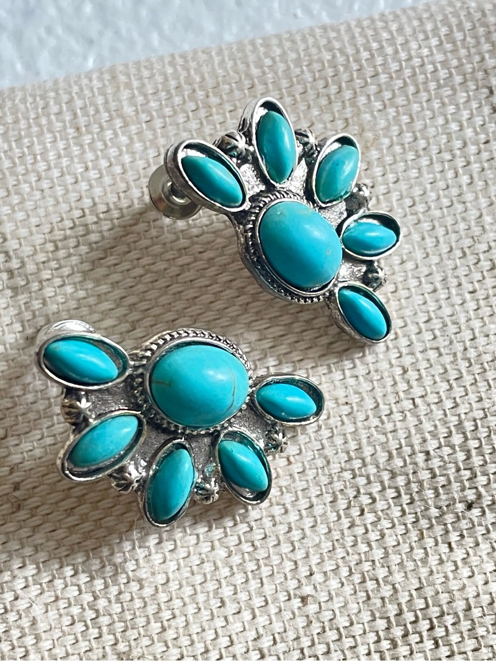 Turquoise tone Floral Cluster Silver Stud Earrings